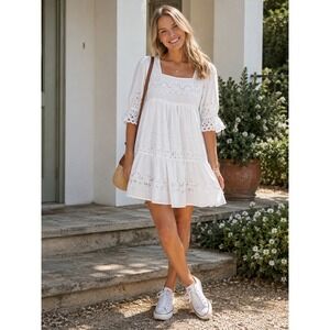 Forever That Girl Anthropologie Audrina White Eyelet Babydoll Mini Dress XS NEW